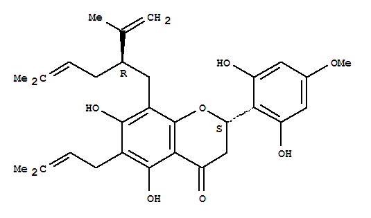Molecular Structure of 149725-17-7 (4H-1-Benzopyran-4-one,2-(2,6-dihydroxy-4-methoxyphenyl)-2,3-dihydro-5,7-dihydroxy-6-(3-methyl-2-buten-1-yl)-8-[(2R)-5-methyl-2-(1-methylethenyl)-4-hexen-1-yl]-,(2S)-)