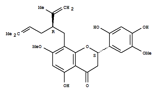 Molecular Structure of 149725-18-8 (4H-1-Benzopyran-4-one,2-(2,4-dihydroxy-5-methoxyphenyl)-2,3-dihydro-5-hydroxy-7-methoxy-8-[(2R)-5-methyl-2-(1-methylethenyl)-4-hexen-1-yl]-,(2S)-)