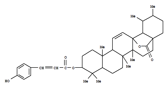 Molecular Structure of 149725-21-3 (Urs-11-en-28-oic acid,13-hydroxy-3-[[(2E)-3-(4-hydroxyphenyl)-1-oxo-2-propenyl]oxy]-, g-lactone, (3b)- (9CI))