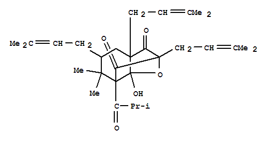 Molecular Structure of 149725-22-4 (2,7-Methanobenzofuran-3,8(2H)-dione,hexahydro-7a-hydroxy-4,4-dimethyl-2,5,7-tris(3-methyl-2-butenyl)-3a-(2-methyl-1-oxopropyl)-,(2R,3aR,5S,7R,7aS)-rel-(-)- (9CI))