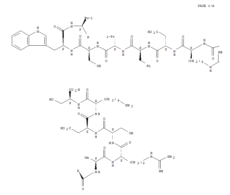 149925-02-0,Glucagon-like peptide(Petromyzon marinus) (9CI),Glucagon-relatedpeptide (Petromyzon marinus); 41: PN: WO2008005527 SEQID: 52 claimed sequence;Glucagon-like peptide I (Petromyzon marinus); Glucagon-related peptide 1 (Ranacatesbeiana), 8-L-asparagine-11-L-threonine-15-L-aspartic acid-16-L-alanine-20-L-arginine-21-L-asparticacid-24-L-serine-27-L-alanine-28-L-arginine-29-L-serine-30-L-asparticacid-31-L-lysine-32-L-serine-; L-Serine, L-histidyl-L-alanyl-L-a-aspartylglycyl-L-threonyl-L-phenylalanyl-L-threonyl-L-asparaginyl-L-a-aspartyl-L-methionyl-L-threonyl-L-seryl-L-tyrosyl-L-leucyl-L-a-aspartyl-L-alanyl-L-lysyl-L-alanyl-L-alanyl-L-arginyl-L-a-aspartyl-L-phenylalanyl-L-valyl-L-seryl-L-tryptophyl-L-leucyl-L-alanyl-L-arginyl-L-seryl-L-a-aspartyl-L-lysyl-; Peptide GLP-1(Petromyzon marinus)