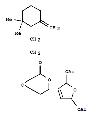 Molecular Structure of 149992-84-7 (Pentonic acid,2,3-anhydro-5-C-[2,5-bis(acetyloxy)-2,5-dihydro-3-furanyl]-4-deoxy-2-C-[2-(2,2-dimethyl-6-methylenecyclohexyl)ethyl]-,d-lactone (9CI))