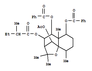 Molecular Structure of 149992-94-9 (Butanoic acid,2-methyl-,10-(acetyloxy)-5,6-bis(benzoyloxy)octahydro-2,2,5a,9-tetramethyl-2H-3,9a-methano-1-benzoxepin-4-ylester (9CI))