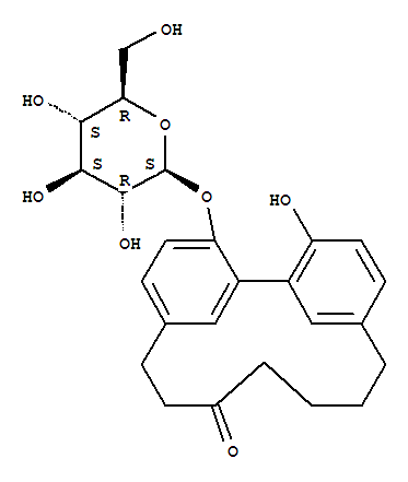 Molecular Structure of 150107-11-2 (Tricyclo[12.3.1.12,6]nonadeca-1(18),2,4,6(19),14,16-hexaen-9-one,3-(b-D-glucopyranosyloxy)-17-hydroxy-)