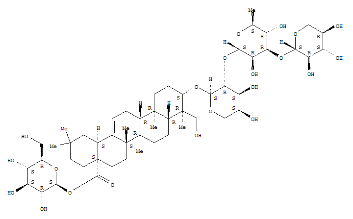 Molecular Structure of 150107-43-0 (Olean-12-en-28-oicacid, 23-hydroxy-3-[(O-b-D-xylopyranosyl-(1®3)-O-6-deoxy-a-L-mannopyranosyl-(1®2)-a-L-arabinopyranosyl)oxy]-, b-D-glucopyranosyl ester, (3b,4a)-)