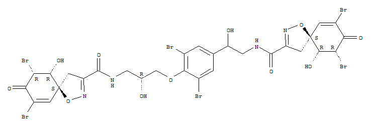 Molecular Structure of 150133-30-5 (1-Oxa-2-azaspiro[4.5]deca-2,6-diene-3-carboxamide,7,9-dibromo-N-[(2R)-3-[2,6-dibromo-4-[2-[[[(5S,9R,10R)-7,9-dibromo-10-hydroxy-8-oxo-1-oxa-2-azaspiro[4.5]deca-2,6-dien-3-yl]carbonyl]amino]-1-hydroxyethyl]phenoxy]-2-hydroxypropyl]-10-hydroxy-8-oxo-,(5S,9R,10R)-)