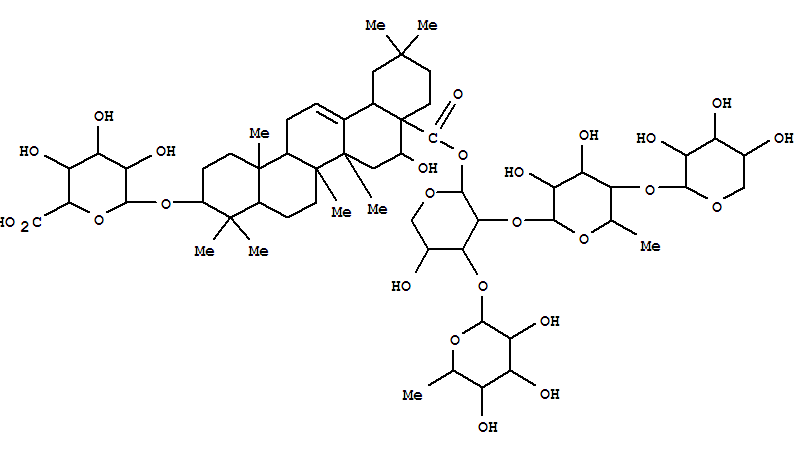 Molecular Structure of 150172-24-0 (b-D-Glucopyranosiduronic acid, (3b,16a)-28-[(O-6-deoxy-a-L-mannopyranosyl-(1®3)-O-[O-b-D-xylopyranosyl-(1®4)-6-deoxy-a-L-mannopyranosyl-(1®2)]-b-D-xylopyranosyl)oxy]-16-hydroxy-28-oxoolean-12-en-3-yl(9CI))