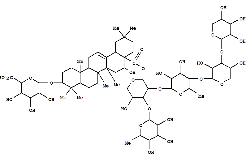Molecular Structure of 150172-25-1 (b-D-Glucopyranosiduronic acid, (3b,16a)-28-[(O-6-deoxy-a-L-mannopyranosyl-(1®3)-O-[O-b-D-xylopyranosyl-(1®3)-O-b-D-xylopyranosyl-(1®4)-6-deoxy-a-L-mannopyranosyl-(1®2)]-b-D-xylopyranosyl)oxy]-16-hydroxy-28-oxoolean-12-en-3-yl(9CI))