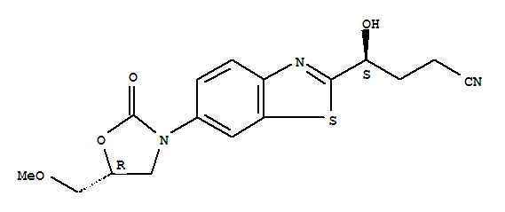 150366-18-0,2-Benzothiazolebutanenitrile,g-hydroxy-6-[(5R)-5-(methoxymethyl)-2-oxo-3-oxazolidinyl]-,(gS)-,2-Benzothiazolebutanenitrile,g-hydroxy-6-[5-(methoxymethyl)-2-oxo-3-oxazolidinyl]-,[R-(R*,S*)]-; E 2011