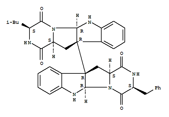 Molecular Structure of 150881-28-0 ([10b,10'b-Bi-10bH-pyrazino[1',2':1,5]pyrrolo[2,3-b]indole]-1,1',4,4'-tetrone,2,2',3,3',5a,5'a,6,6',11,11',11a,11'a-dodecahydro-3-(2-methylpropyl)-3'-(phenylmethyl)-,(3S,3'S,5aR,5'aR,10bR,10'bR,11aS,11'aS)-)