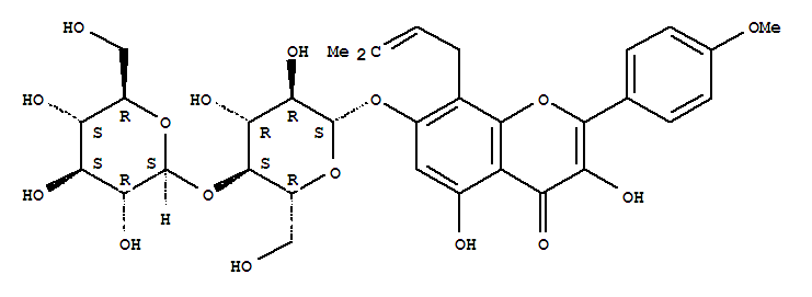 Molecular Structure of 150903-46-1 (4H-1-Benzopyran-4-one,7-[(4-O-b-D-glucopyranosyl-b-D-glucopyranosyl)oxy]-3,5-dihydroxy-2-(4-methoxyphenyl)-8-(3-methyl-2-buten-1-yl)-)