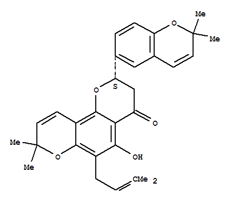 Molecular Structure of 150998-93-9 (4H,8H-Benzo[1,2-b:3,4-b']dipyran-4-one,2-(2,2-dimethyl-2H-1-benzopyran-6-yl)-2,3-dihydro-5-hydroxy-8,8-dimethyl-6-(3-methyl-2-butenyl)-,(2S)- (9CI))