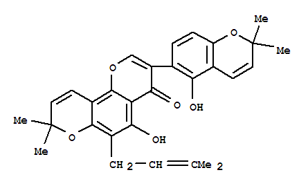 Molecular Structure of 150998-94-0 (4H,8H-Benzo[1,2-b:3,4-b']dipyran-4-one,5-hydroxy-3-(5-hydroxy-2,2-dimethyl-2H-1-benzopyran-6-yl)-8,8-dimethyl-6-(3-methyl-2-butenyl)-(9CI))