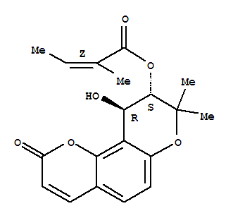 Molecular Structure of 151165-75-2 (2-Butenoic acid,2-methyl-,(9S,10R)-9,10-dihydro-10-hydroxy-8,8-dimethyl-2-oxo-2H,8H-benzo[1,2-b:3,4-b']dipyran-9-ylester, (2Z)- (9CI))
