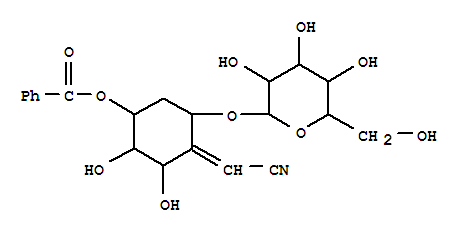 Molecular Structure of 151197-19-2 (Acetonitrile,[(2S,3R,4S,6R)-4-(benzoyloxy)-6-(b-D-glucopyranosyloxy)-2,3-dihydroxycyclohexylidene]-, (2Z)- (9CI))