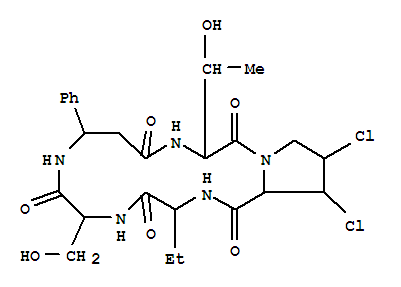 4-[(3-amino-2-phenylpropanoyl)amino]-2,4,6-trideoxy-2-{[(3S,4R)-3,4-dichloro-L-prolyl][(2E)-2-iminobutanoyl]amino}-2-(hydroxymethyl)-L-arabino-hexos-3-ulose(151201-75-1)