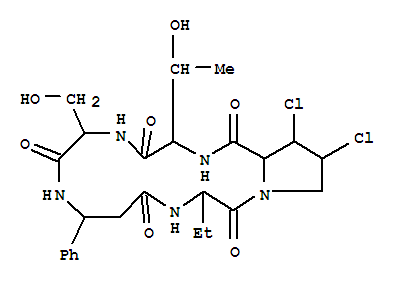 151201-76-2,Cyclo[(3R)-3-phenyl-b-alanyl-(2S)-2-aminobutanoyl-(3S,4R)-3,4-dichloro-L-prolyl-L-allothreonyl-L-seryl],Cyclo[(R)-3-phenyl-b-alanyl-L-2-aminobutanoyl-(2a,3a,4a)-3,4-dichloro-L-prolyl-L-allothreonyl-L-seryl];Pyrrolo[1,2-d][1,4,7,10,13]pentaazacyclohexadecine, cyclic peptide deriv.;Astin B