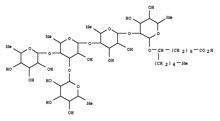 Molecular Structure of 151380-53-9 (Hexadecanoic acid,11-[(O-6-deoxy-a-L-mannopyranosyl-(1®3)-O-[6-deoxy-a-L-mannopyranosyl-(1®4)]-O-6-deoxy-a-L-mannopyranosyl-(1®4)-O-6-deoxy-a-L-mannopyranosyl-(1®2)-6-deoxy-b-D-galactopyranosyl)oxy]-, (11S)-(9CI))