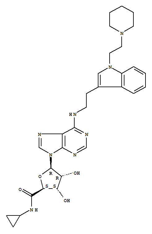 Molecular Structure of 151410-24-1 (b-D-Ribofuranuronamide,N-cyclopropyl-1-deoxy-1-[6-[[2-[1-[2-(1-piperidinyl)ethyl]-1H-indol-3-yl]ethyl]amino]-9H-purin-9-yl]-)