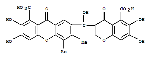 Molecular Structure of 151466-15-8 (9H-Xanthene-1-carboxylicacid,5-acetyl-7-[(5-carboxy-6,7-dihydroxy-4-oxo-2H-1-benzopyran-3(4H)-ylidene)hydroxymethyl]-2,3-dihydroxy-6-methyl-9-oxo-)