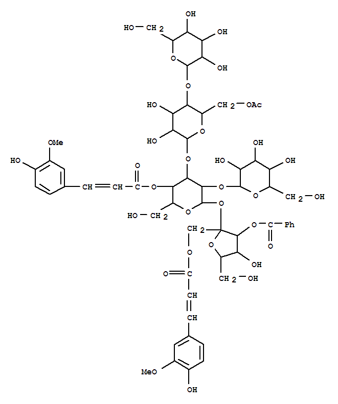 Molecular Structure of 151466-62-5 (a-D-Glucopyranoside,3-O-benzoyl-1-O-[(2E)-3-(4-hydroxy-3-methoxyphenyl)-1-oxo-2-propenyl]-b-D-fructofuranosyl O-b-D-glucopyranosyl-(1®2)-O-[O-b-D-glucopyranosyl-(1®4)-6-O-acetyl-b-D-glucopyranosyl-(1®3)]-,4-[(2E)-3-(4-hydroxy-3-methoxyphenyl)-2-propenoate] (9CI))
