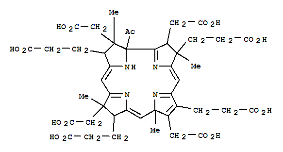 Molecular Structure of 151466-84-1 (3,7,12,17-Corrintetrapropanoicacid,19-acetyl-2,8,13,18-tetrakis(carboxymethyl)-1,7,8,21-tetradehydro-9,21-dihydro-3,9,13,18-tetramethyl-(9CI))