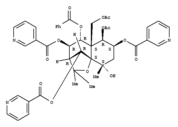 Molecular Structure of 152340-54-0 (3-Pyridinecarboxylicacid,(3R,4R,5R,5aS,6R,7S,9S,9aS,10R)-6-(acetyloxy)-5a-[(acetyloxy)methyl]-5-(benzoyloxy)octahydro-9-hydroxy-2,2,9-trimethyl-2H-3,9a-methano-1-benzoxepin-4,7,10-triylester (9CI))