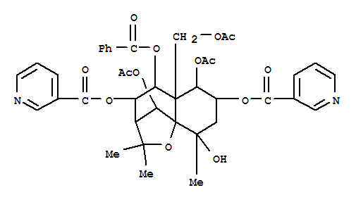 Molecular Structure of 152340-57-3 (3-Pyridinecarboxylicacid,(3R,4R,5R,5aS,6R,7S,9S,9aS,10R)-6,10-bis(acetyloxy)-5a-[(acetyloxy)methyl]-5-(benzoyloxy)octahydro-9-hydroxy-2,2,9-trimethyl-2H-3,9a-methano-1-benzoxepin-4,7-diylester (9CI))