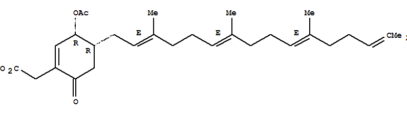 Molecular Structure of 152340-71-1 (1-Cyclohexene-1-aceticacid,3-(acetyloxy)-6-oxo-4-[(2E,6E,10E)-3,7,11,15-tetramethyl-2,6,10,14-hexadecatetraenyl]-,(3R,4R)- (9CI))