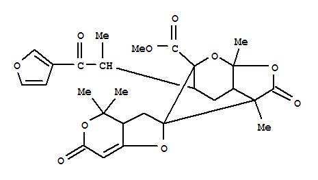Molecular Structure of 152845-80-2 (Spiro[4H-furo[3,2-c]pyran-2(3H),8'-[3,6]methano[6H]furo[2,3-b]pyran]-6'-carboxylicacid,5'-[(1R)-2-(3-furanyl)-1-methyl-2-oxoethyl]-2',3',3a,3'a,4',5',6,7'a-octahydro-3',4,4,7'a-tetramethyl-2',6-dioxo-,methyl ester, (2R,3'S,3aS,3'aS,5'R,6'R,7'aR)- (9CI))