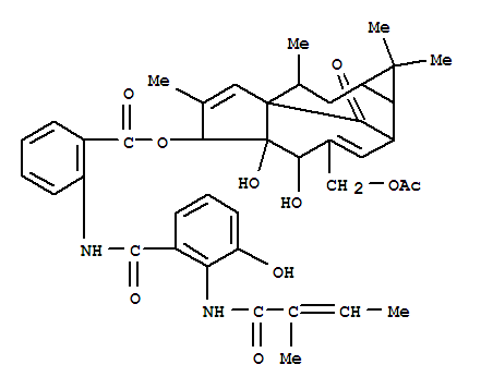 Molecular Structure of 153133-63-2 (Benzoic acid,2-[[3-hydroxy-2-[[(2E)-2-methyl-1-oxo-2-butenyl]amino]benzoyl]amino]-,(1aR,2S,5R,5aS,6S,8aS,9R,10aR)-4-[(acetyloxy)methyl]-1a,2,5,5a,6,9,10,10a-octahydro-5,5a-dihydroxy-1,1,7,9-tetramethyl-11-oxo-1H-2,8a-methanocyclopenta[a]cyclopropa[e]cyclodecen-6-ylester (9CI))