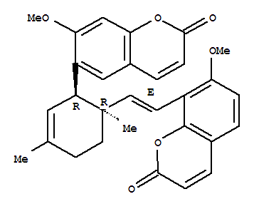 153178-05-3,2H-1-Benzopyran-2-one,7-methoxy-6-[(1R,6R)-6-[(1E)-2-(7-methoxy-2-oxo-2H-1-benzopyran-8-yl)ethenyl]-3,6-dimethyl-2-cyclohexen-1-yl]-,rel-,2H-1-Benzopyran-2-one,7-methoxy-6-[6-[2-(7-methoxy-2-oxo-2H-1-benzopyran-8-yl)ethenyl]-3,6-dimethyl-2-cyclohexen-1-yl]-,[1a,6a(E)]-(?à)-; 2H-1-Benzopyran-2-one,7-methoxy-6-[6-[2-(7-methoxy-2-oxo-2H-1-benzopyran-8-yl)ethenyl]-3,6-dimethyl-2-cyclohexen-1-yl]-,[1a,6a(E)]-; Bisparasin