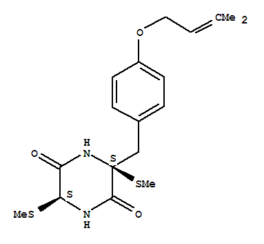 153216-23-0,2,5-Piperazinedione,3-[[4-[(3-methyl-2-buten-1-yl)oxy]phenyl]methyl]-3,6-bis(methylthio)-, (3S,6S)-,2,5-Piperazinedione,3-[[4-[(3-methyl-2-butenyl)oxy]phenyl]methyl]-3,6-bis(methylthio)-, (3S,6S)-(9CI); 2,5-Piperazinedione,3-[[4-[(3-methyl-2-butenyl)oxy]phenyl]methyl]-3,6-bis(methylthio)-, (3S-cis)-;Sch 54794