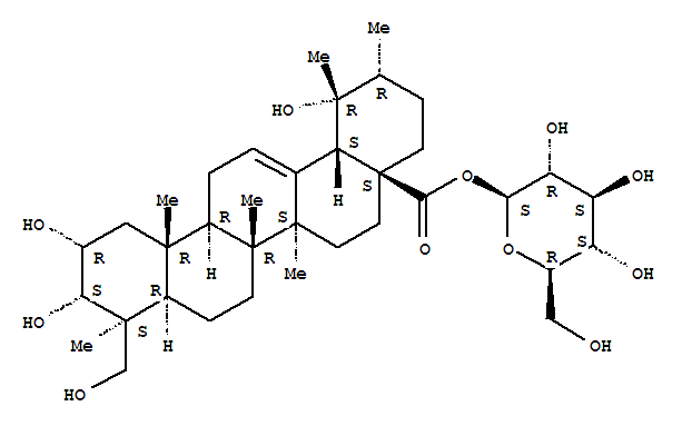 Molecular Structure of 153753-66-3 (Urs-12-en-28-oic acid,2,3,19,23-tetrahydroxy-, b-D-glucopyranosyl ester, (2a,3a,4b)-)