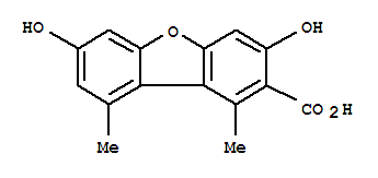 Molecular Structure of 154160-67-5 (2-Dibenzofurancarboxylicacid, 3,7-dihydroxy-1,9-dimethyl-)
