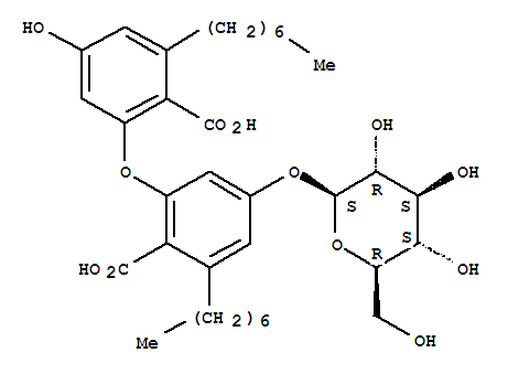 Molecular Structure of 154160-78-8 (Benzoic acid,2-[2-carboxy-5-(b-D-glucopyranosyloxy)-3-heptylphenoxy]-6-heptyl-4-hydroxy-)