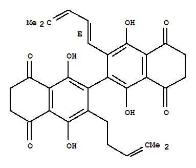 Molecular Structure of 154648-92-7 ([2,2'-Binaphthalene]-5,5',8,8'-tetrone,6,6',7,7'-tetrahydro-1,1',4,4'-tetrahydroxy-3-[(1E)-4-methyl-1,3-pentadien-1-yl]-3'-(4-methyl-3-penten-1-yl)-)