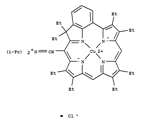 Molecular Structure of 154861-52-6 (Copper(1+),[N-(1-methylethyl)-N-[(5,6,10,11,15,16,22,22-octaethyl-4,7:14,17-diimino-2,21-methano-9,12-nitrilo-12H-1-benzazacyclononadecin-3-yl-kN1,kN23,kN24,kN25)methylene]-2-propanaminiumato(2-)]-,chloride, (SP-4-2)- (9CI))