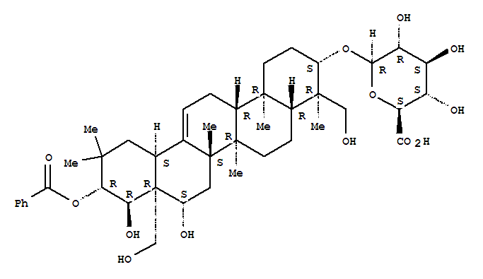 Molecular Structure of 154977-76-1 (b-D-Glucopyranosiduronic acid, (3b,4a,16b,21b,22a)-21-(benzoyloxy)-16,22,23,28-tetrahydroxyolean-12-en-3-yl(9CI))
