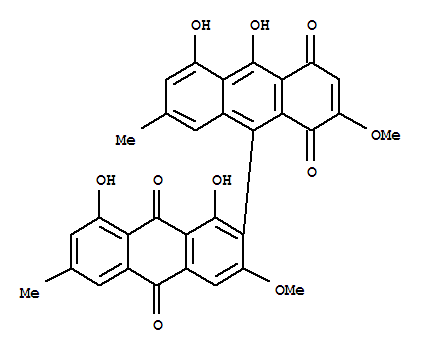 Molecular Structure of 154992-19-5 ([2,9'-Bianthracene]-1',4',9,10-tetrone,1,5',8,10'-tetrahydroxy-2',3-dimethoxy-6,7'-dimethyl-)