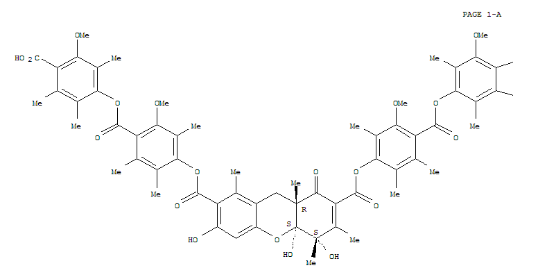 Molecular Structure of 154992-21-9 (1H-Xanthene-2,7-dicarboxylicacid, 4,4a,9,9a-tetrahydro-4,4a,6-trihydroxy-3,4,8,9a-tetramethyl-1-oxo-,bis[4-[(4-carboxy-3-methoxy-2,5,6-trimethylphenoxy)carbonyl]-3-methoxy-2,5,6-trimethylphenyl]ester, (4R,4aR,9aS)-rel- (9CI))