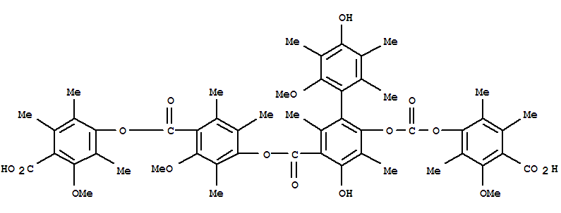 Molecular Structure of 154992-22-0 ([1,1'-Biphenyl]-3-carboxylicacid,6-[[(4-carboxy-3-methoxy-2,5,6-trimethylphenoxy)carbonyl]oxy]-4,4'-dihydroxy-2'-methoxy-2,3',5,5',6'-pentamethyl-,3-[4-[(4-carboxy-3-methoxy-2,5,6-trimethylphenoxy)carbonyl]-3-methoxy-2,5,6-trimethylphenyl]ester)