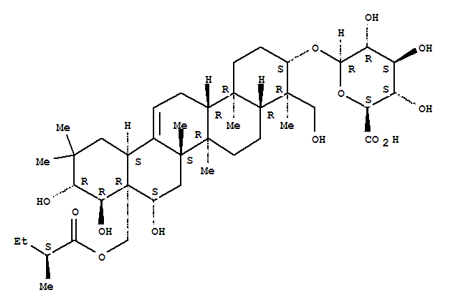 Molecular Structure of 155023-61-3 (b-D-Glucopyranosiduronic acid, (3b,4a,16b,21b,22a)-16,21,22,23-tetrahydroxy-28-[(2S)-2-methyl-1-oxobutoxy]olean-12-en-3-yl(9CI))