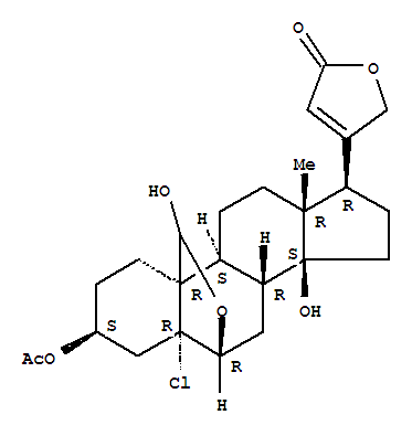 15571-09-2,(3beta,5alpha,6alpha,10alpha,14alpha)-3-(acetyloxy)-5-chloro-14,19-dihydroxy-6,19-epoxycard-20(22)-enolide,5a-Card-20(22)-enolide, 5-chloro-6b,19-epoxy-3b,14,19-trihydroxy-, 3-acetate(8CI); 6,10-(Epoxymethano)-10H-cyclopenta[a]phenanthrene, card-20(22)-enolidederiv.; NSC 93070