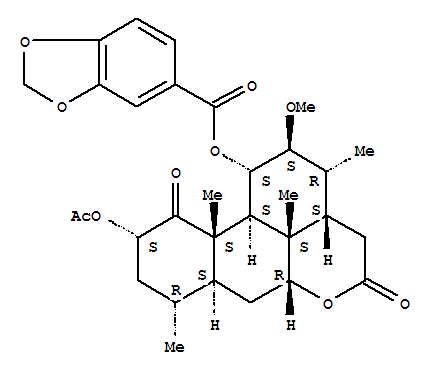 Molecular Structure of 155969-75-8 (Picrasane-1,16-dione,2-(acetyloxy)-11-[(1,3-benzodioxol-5-ylcarbonyl)oxy]-12-methoxy-, (2a,11a,12b)- (9CI))