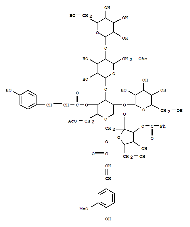 Molecular Structure of 156250-48-5 (a-D-Glucopyranoside,3-O-benzoyl-1-O-[(2E)-3-(4-hydroxy-3-methoxyphenyl)-1-oxo-2-propenyl]-b-D-fructofuranosyl O-b-D-glucopyranosyl-(1®2)-O-[O-b-D-glucopyranosyl-(1®4)-6-O-acetyl-b-D-glucopyranosyl-(1®3)]-, 6-acetate4-[(2E)-3-(4-hydroxyphenyl)-2-propenoate] (9CI))