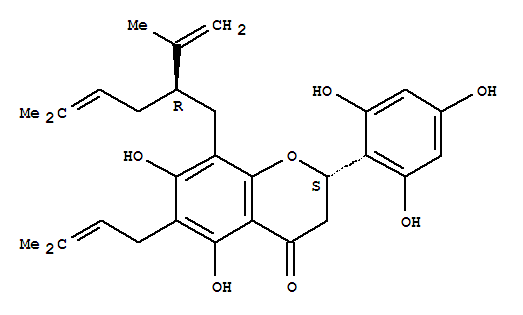 Molecular Structure of 156281-20-8 (4H-1-Benzopyran-4-one,2,3-dihydro-5,7-dihydroxy-6-(3-methyl-2-buten-1-yl)-8-[(2R)-5-methyl-2-(1-methylethenyl)-4-hexen-1-yl]-2-(2,4,6-trihydroxyphenyl)-,(2S)-)