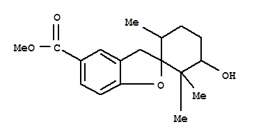Molecular Structure of 156281-29-7 (Spiro[benzofuran-2(3H),1'-cyclohexane]-5-carboxylicacid, 3'-hydroxy-2',2',6'-trimethyl-, methyl ester, (1'R,3'R,6'S)-rel-(-)-)