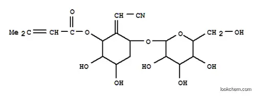 Molecular Structure of 156368-87-5 (2-Butenoic acid,3-methyl-, 2-(cyanomethylene)-3-(b-D-glucopyranosyloxy)-5,6-dihydroxycyclohexyl ester, (1S,2E,3R,5S,6S)-(9CI))