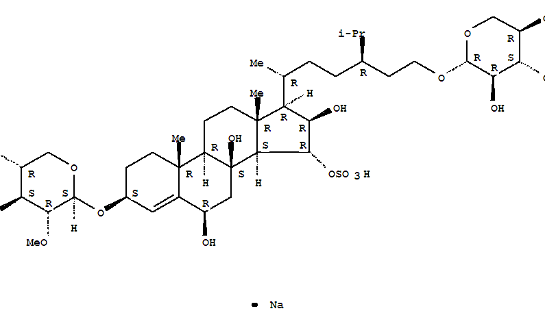 Molecular Structure of 156398-66-2 (Stigmast-4-ene-6,8,15,16-tetrol,3-[(2-O-methyl-b-D-xylopyranosyl)oxy]-29-(b-D-xylopyranosyloxy)-,15-(hydrogen sulfate), sodium salt (1:1), (3b,6b,15a,16b,24R)-)